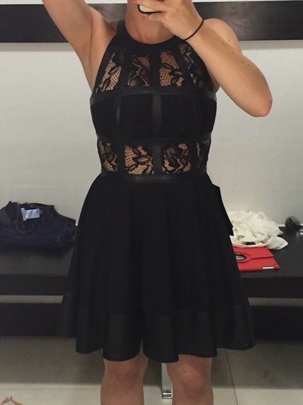 bebe Black Lace-Panel Halter Fit-&-Flare Mini Dress